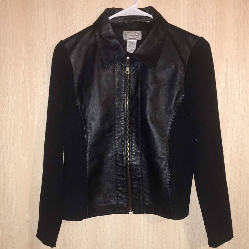 MUST GO PRICING Black Leather Jacket with Fitted Style and Stand-Up Collar PS